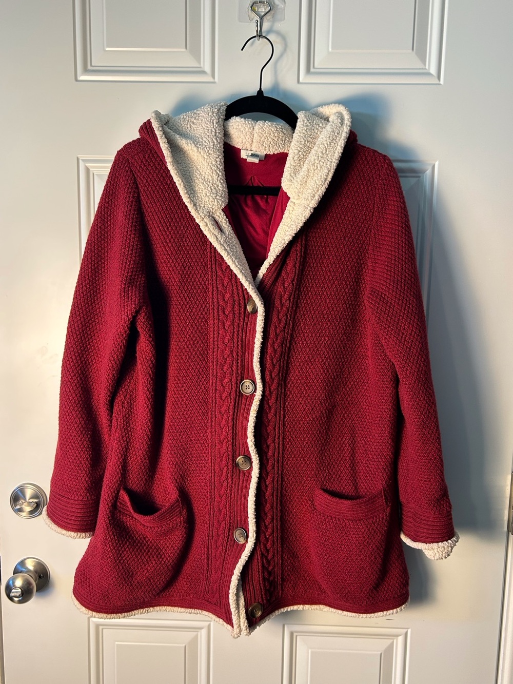L.L. Bean Cozy Hooded Cable Knit Long Sweater Coat - Red Textured Chunky XL